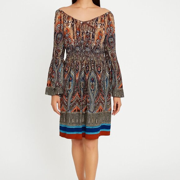 Boston Proper Womans Dress Sz 4 Multicolor Gypsy Boho Smocked Waist Bell Sleeve - Picture 1 of 10